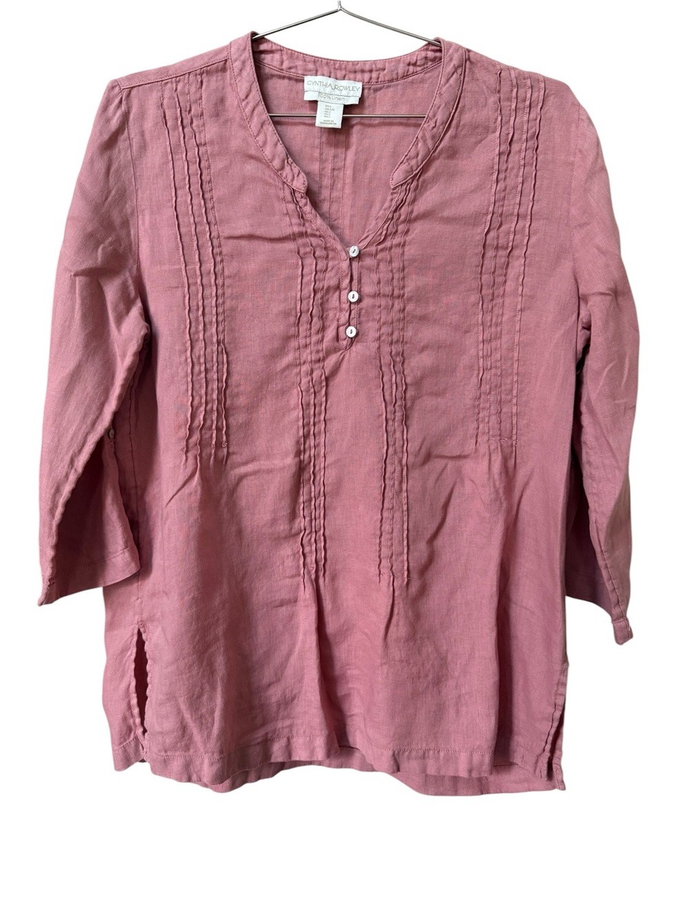 Cynthia Rowley 100% Linen Dusty Rose Pintuck Popover Blouse large